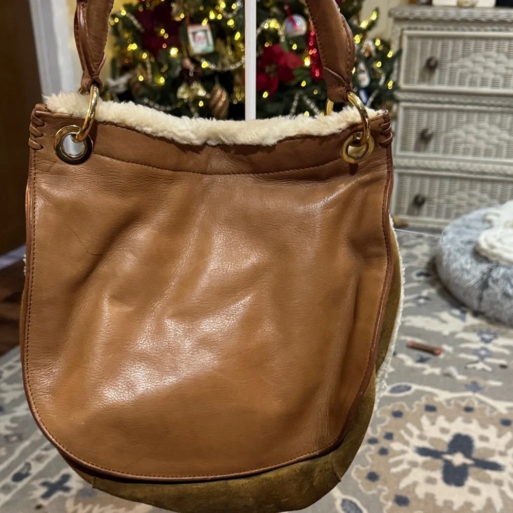 Cozy Ugg Shearling Hobo Bag - Cream and Brown - Picture 3 of 6